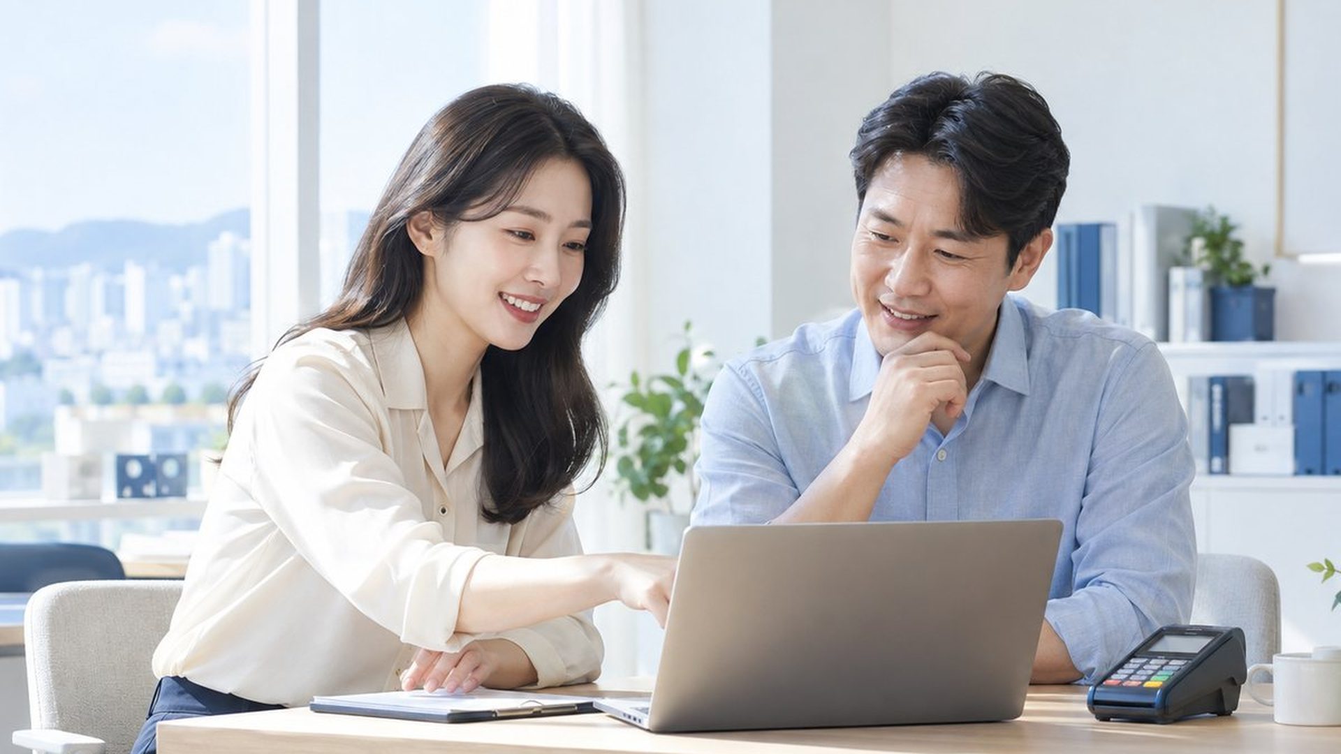 업종별 PG단말기 상담을 받는 가게 사장님과 상담원