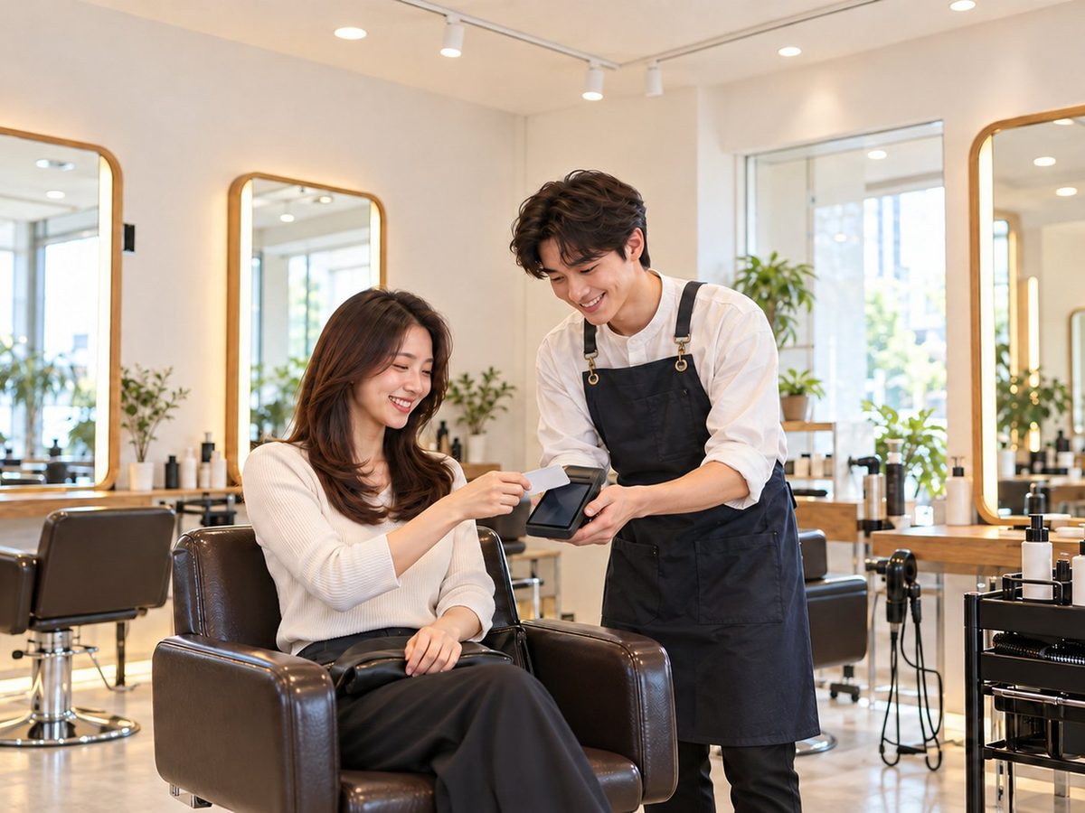 미용실 PG단말기로 시술 의자 옆에서 결제하는 장면