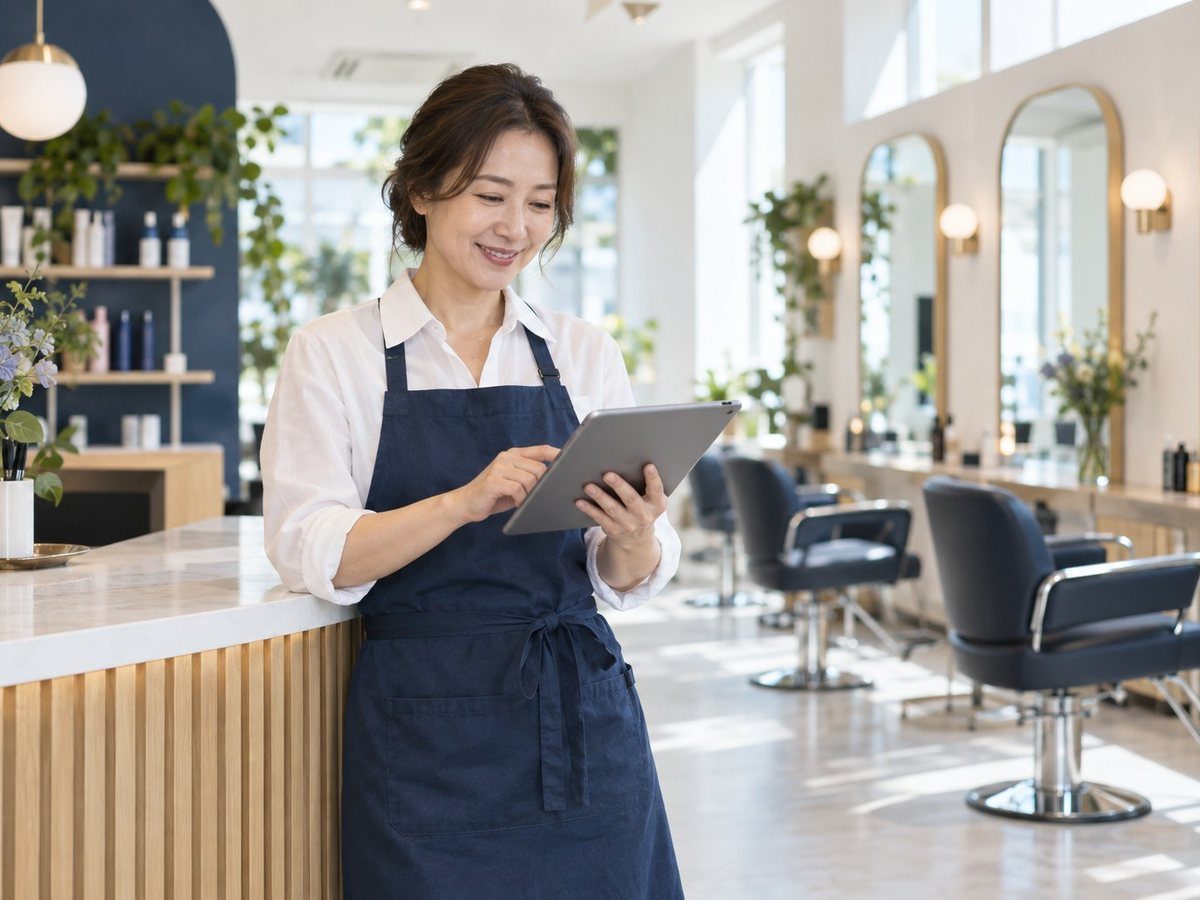 미용실 PG단말기로 계산을 마치고 손님을 배웅하는 모습